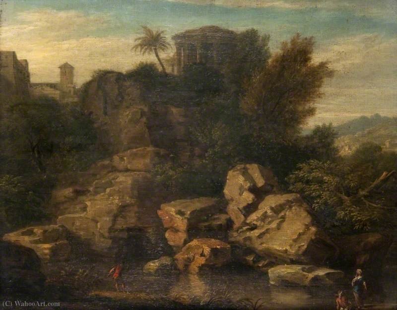 Wikioo.org - The Encyclopedia of Fine Arts - Painting, Artwork by Andrea Locatelli - Landscape with a Caprice View of the Temple of Vesta at Tivoli