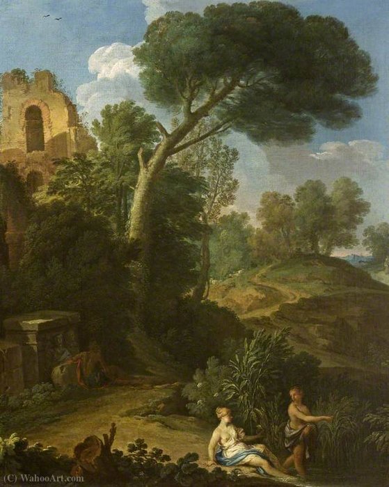 Wikioo.org - The Encyclopedia of Fine Arts - Painting, Artwork by Andrea Locatelli - Landscape with a Ruin and Two Figures on a Road