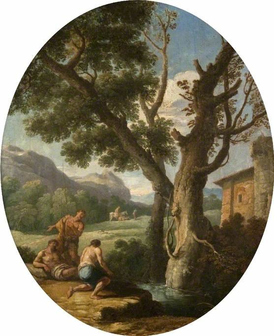 Wikioo.org - The Encyclopedia of Fine Arts - Painting, Artwork by Andrea Locatelli - Landscape with Three Fishermen by a Stream