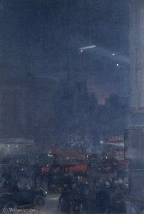 Wikioo.org - Die Enzyklopädie bildender Kunst - Malerei, Kunstwerk von Andrew Carrick Gow - Der erste Zeppelin vom Piccadilly Circus, den 8. September gesehen (1915)