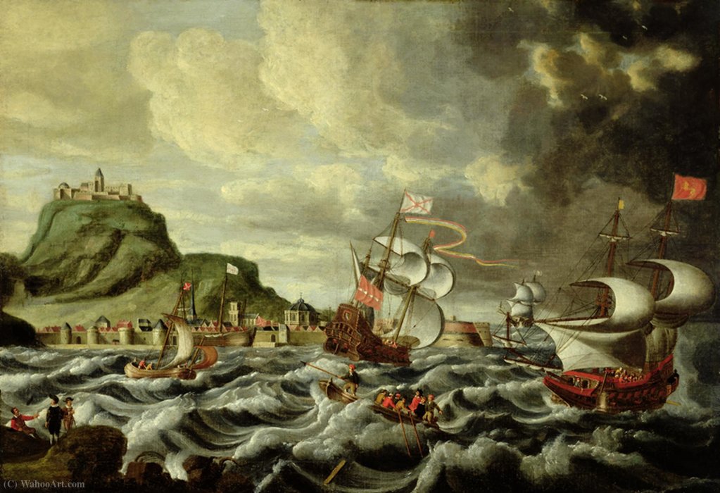 Wikioo.org - The Encyclopedia of Fine Arts - Painting, Artwork by Andries Van Eertvelt - A Harbour Scene, possibly Genoa