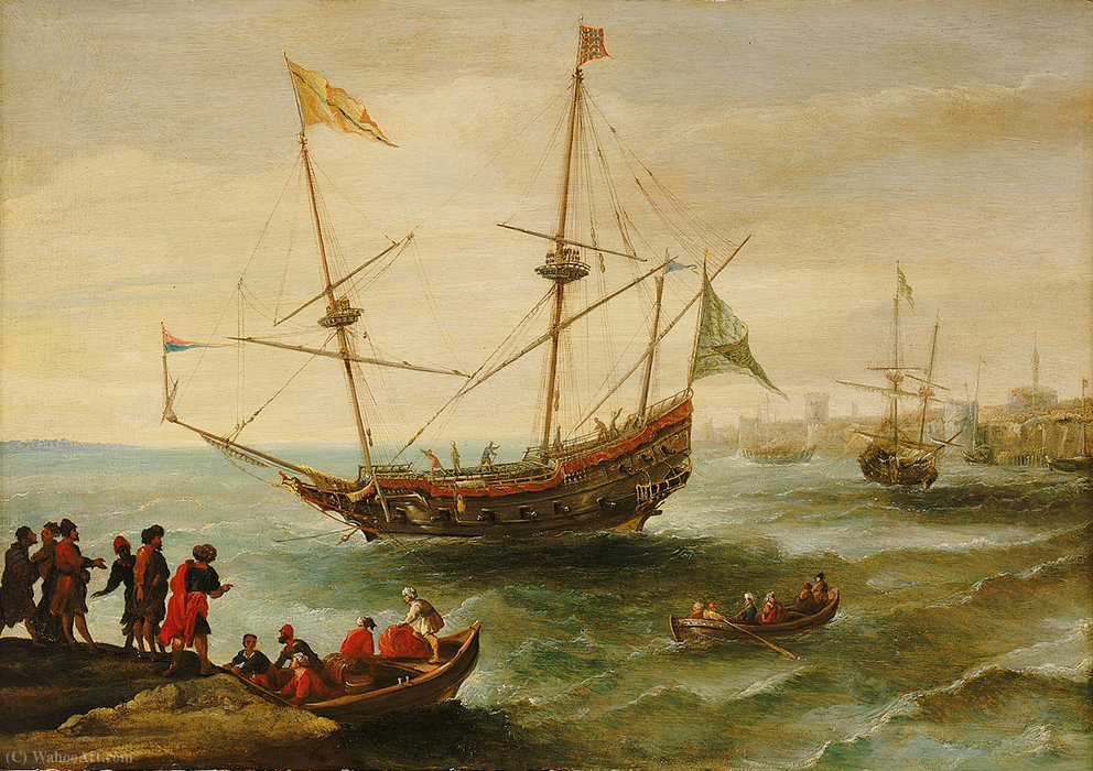 Wikioo.org - The Encyclopedia of Fine Arts - Painting, Artwork by Andries Van Eertvelt - An Algerine ship off a barbary port