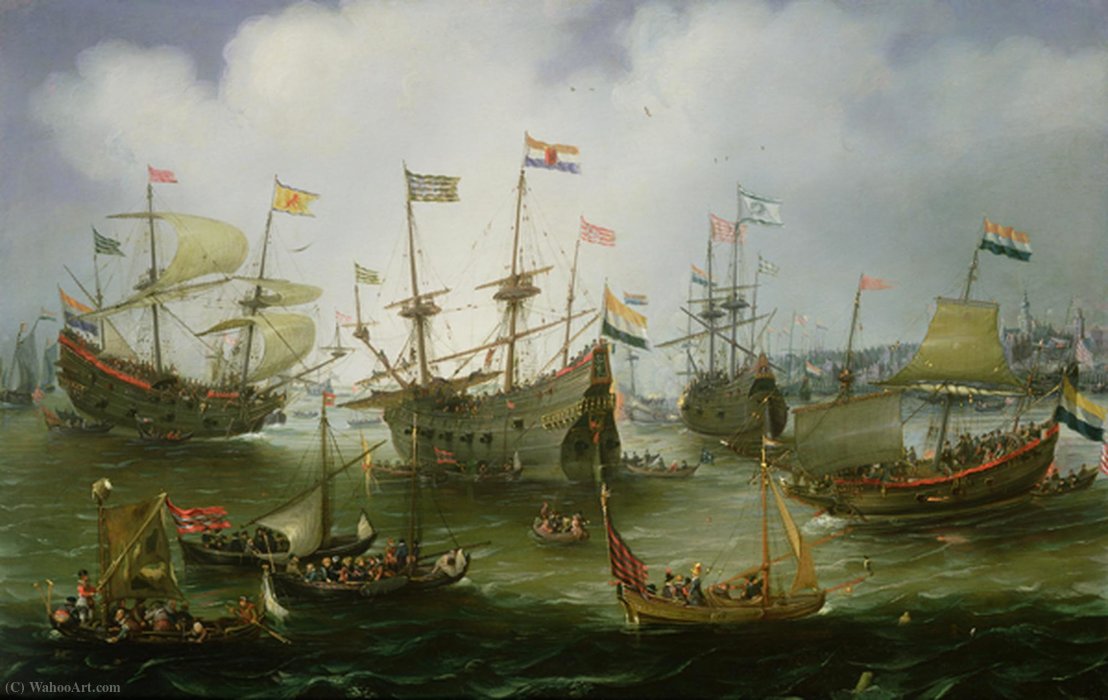 Wikioo.org – L'Encyclopédie des Beaux Arts - Peinture, Oeuvre de Andries Van Eertvelt - Le retour à Amsterdam de la seconde expédition aux Indes le 19 Juillet (1 599)