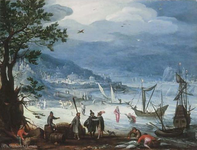 Wikioo.org - The Encyclopedia of Fine Arts - Painting, Artwork by Anthonie Mirou - A coastal landscape with fishing boats and peasants disembarking, the Calling of Saint Peter beyond