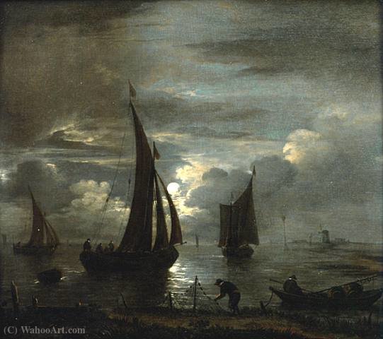 Wikioo.org - The Encyclopedia of Fine Arts - Painting, Artwork by Anthonie Van Borssom - A River Scene by Moonlight