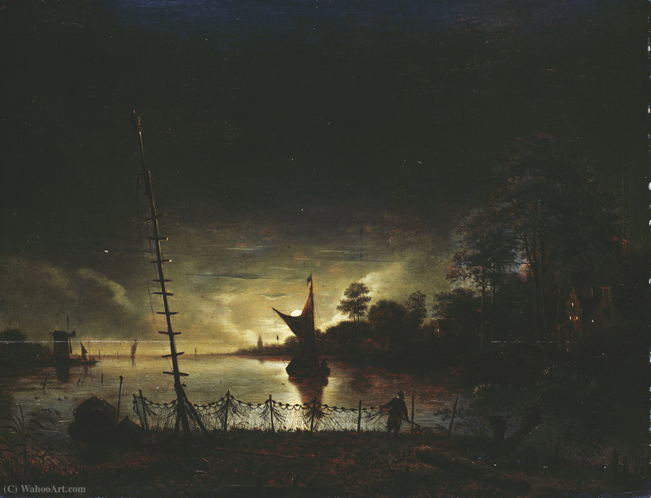 Wikioo.org - The Encyclopedia of Fine Arts - Painting, Artwork by Anthonie Van Borssom - Landscape at moonlight