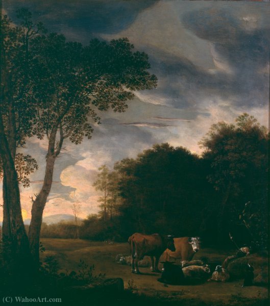Wikioo.org - The Encyclopedia of Fine Arts - Painting, Artwork by Anthonie Van Borssom - Sheltered pasture with cattle.