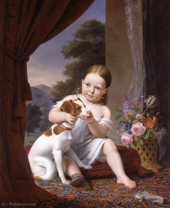 Wikioo.org - The Encyclopedia of Fine Arts - Painting, Artwork by Antoine Chazal - A young girl seated with her dog