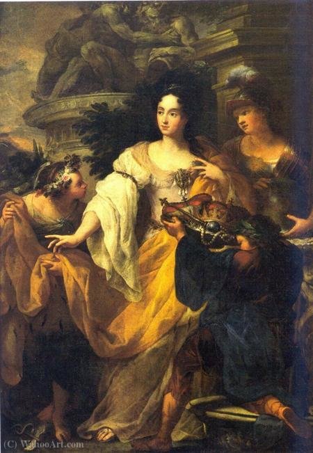 Wikioo.org - The Encyclopedia of Fine Arts - Painting, Artwork by Antonio Bellucci - Minerva, Mercury and Plutus pay homage to the Princess Anna Maria Luisa de 'Medici