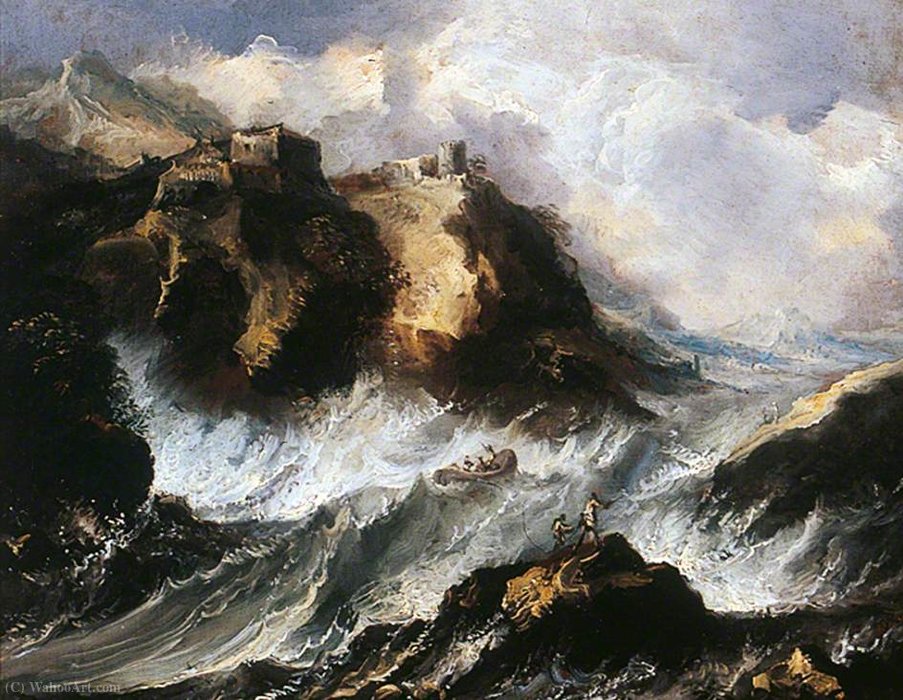 Wikioo.org - The Encyclopedia of Fine Arts - Painting, Artwork by Antonio Maria Marini - Coastal Scene with a Storm