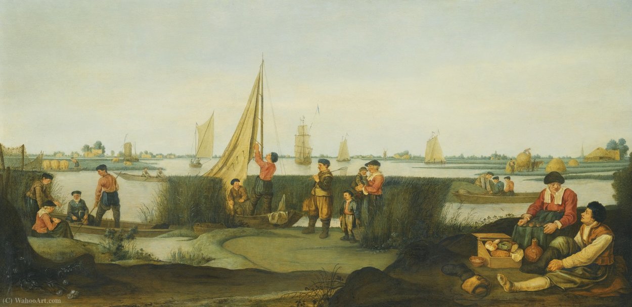 Wikioo.org - The Encyclopedia of Fine Arts - Painting, Artwork by Arent Arentsz Cabel - Fishermen on the Banks of a River Estuary