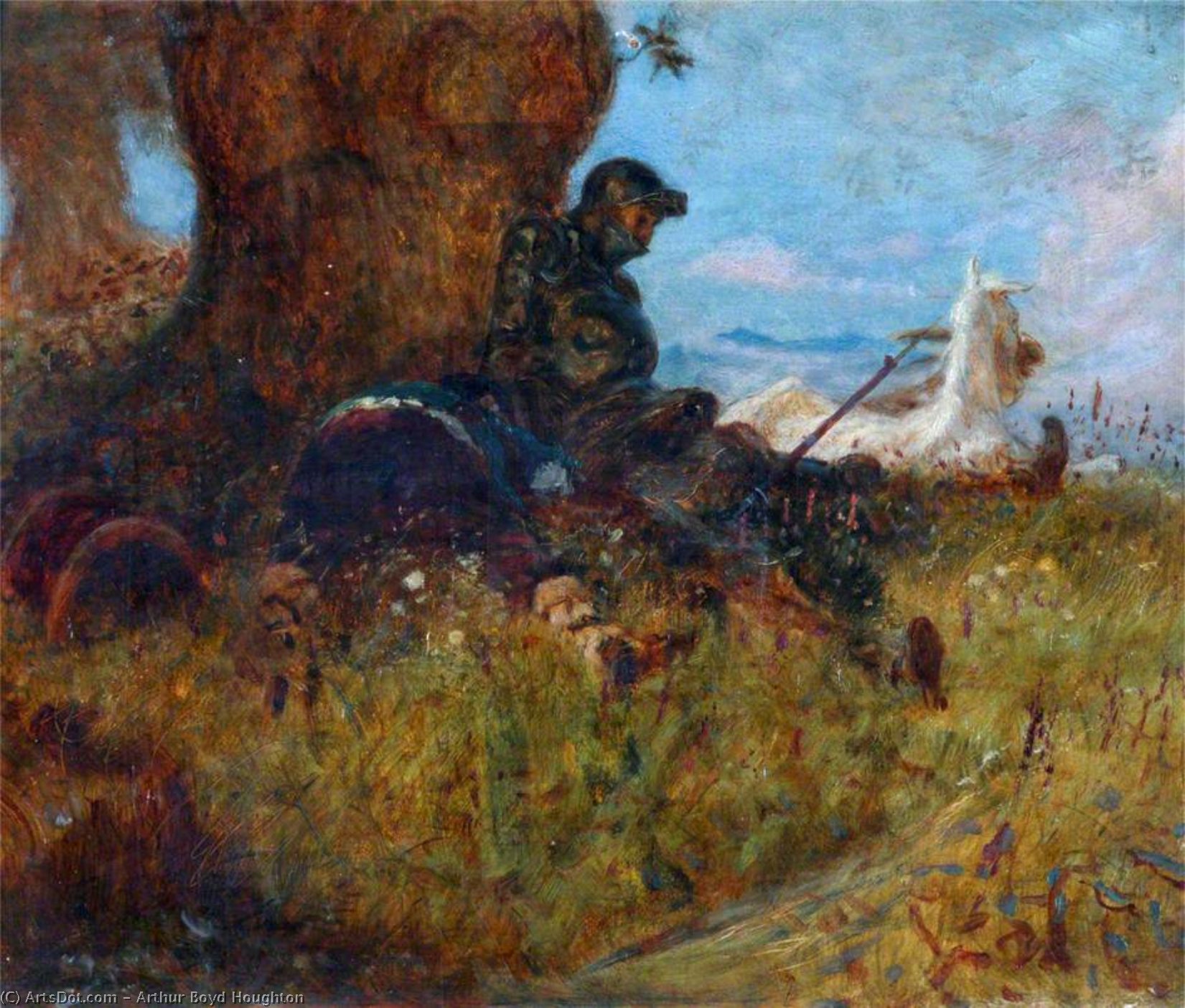 Wikioo.org - The Encyclopedia of Fine Arts - Painting, Artwork by Arthur Boyd Houghton - Don Quixote and Rosinante Reposing under a Tree