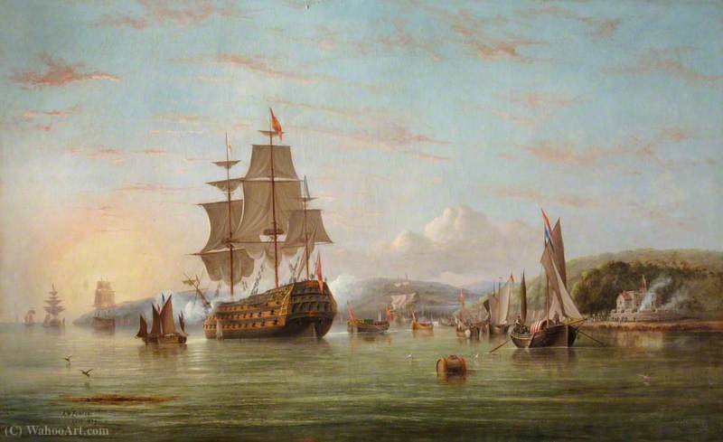 WikiOO.org - Encyclopedia of Fine Arts - Målning, konstverk Arthur Wellington Fowles - The Royal Barge off Cowes with the Royal Yacht Squadron Beyond