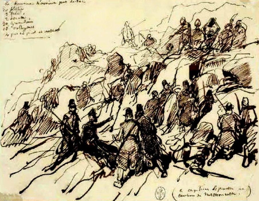 Wikioo.org - The Encyclopedia of Fine Arts - Painting, Artwork by Auguste Raffet (Denis Auguste Marie Raffet) - Algeria and Compiègne camp (120) Captain Espinasse in action 15 March has M'chounech (1844)