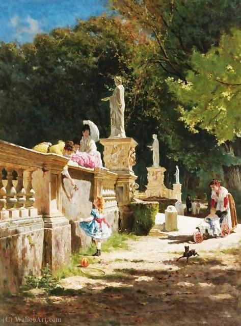 Wikioo.org – L'Encyclopédie des Beaux Arts - Peinture, Oeuvre de Aurelio Tiratelli - Dans les jardins de la Villa Borghese