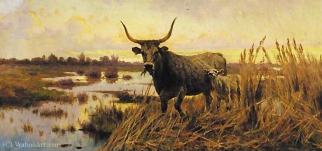 Wikioo.org - สารานุกรมวิจิตรศิลป์ - จิตรกรรม Aurelio Tiratelli - Water Buffalo in the Roman Campagna