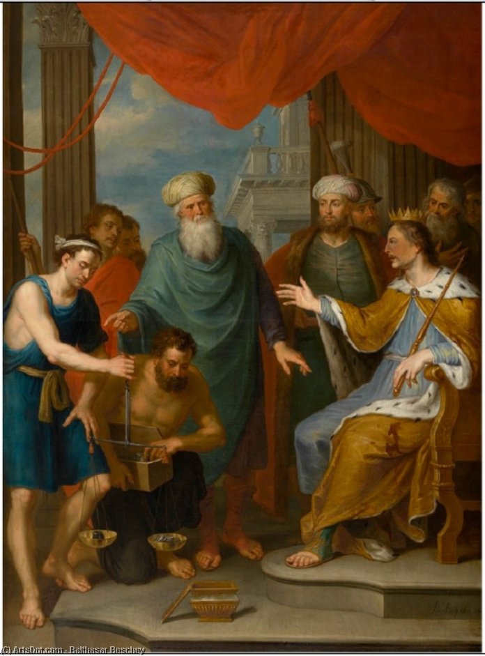 Wikioo.org - The Encyclopedia of Fine Arts - Painting, Artwork by Balthasar Beschey - he brothers try to buy corn from Joseph, the Vice-Roy of Egypt