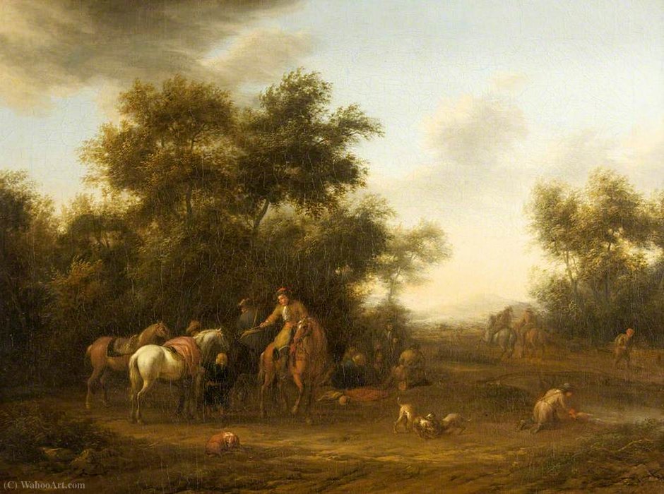 Wikioo.org - The Encyclopedia of Fine Arts - Painting, Artwork by Barend Gael Or Gaal - Horsemen Halted in a Wood