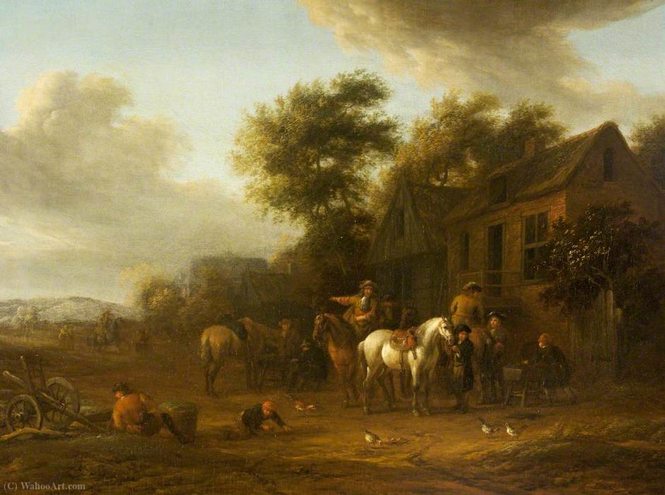 Wikioo.org - The Encyclopedia of Fine Arts - Painting, Artwork by Barend Gael Or Gaal - Horsemen Outside a Cottage