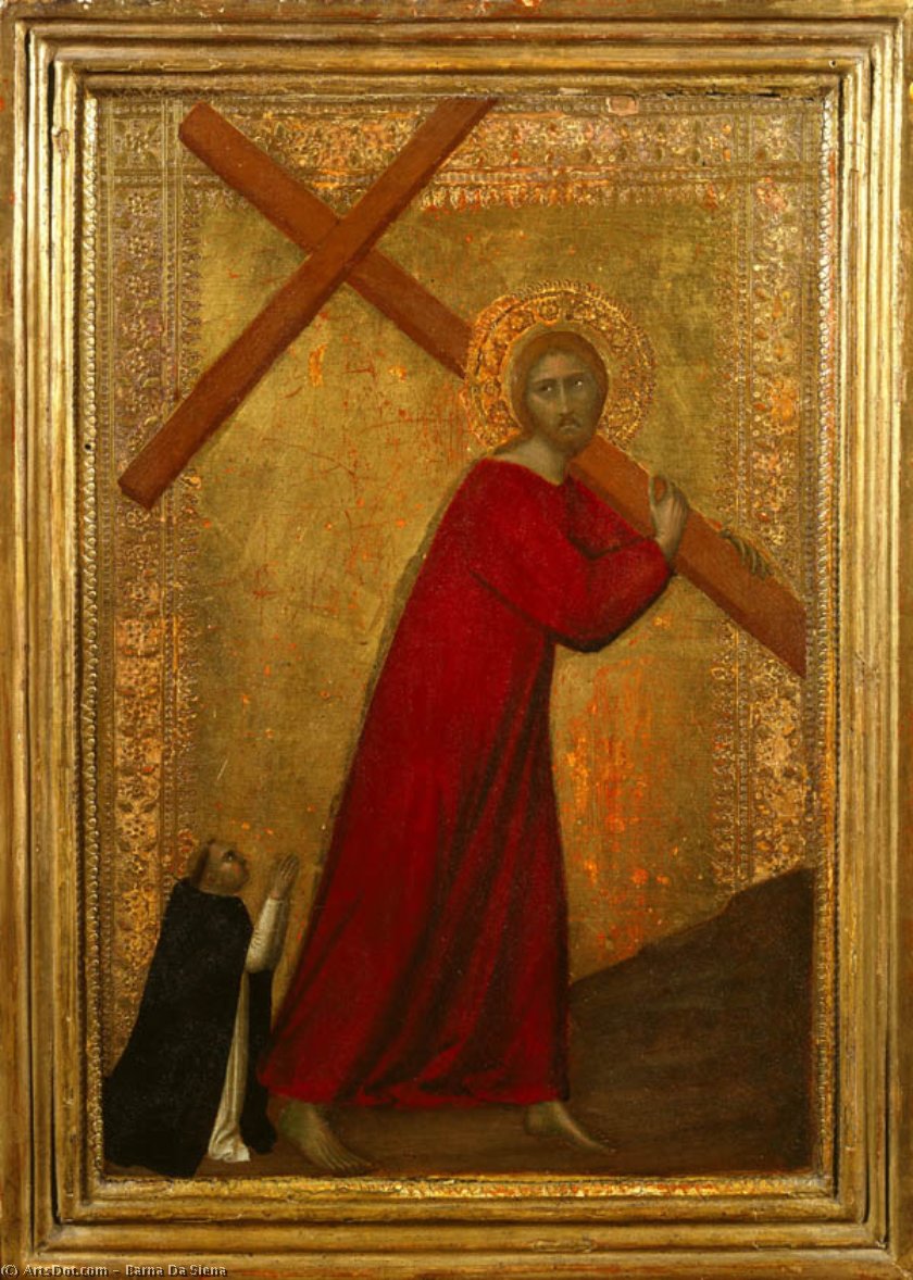 Wikioo.org - The Encyclopedia of Fine Arts - Painting, Artwork by Barna Da Siena - Christ Bearing the Cross, with a Dominican Friar
