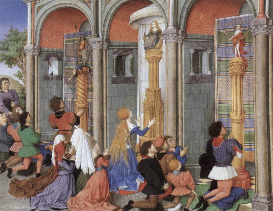 WikiOO.org - Encyclopedia of Fine Arts - Maľba, Artwork Barthélemy D'eyck - Emilia, Arcite, and Palamon worship at the shrines of the Gods