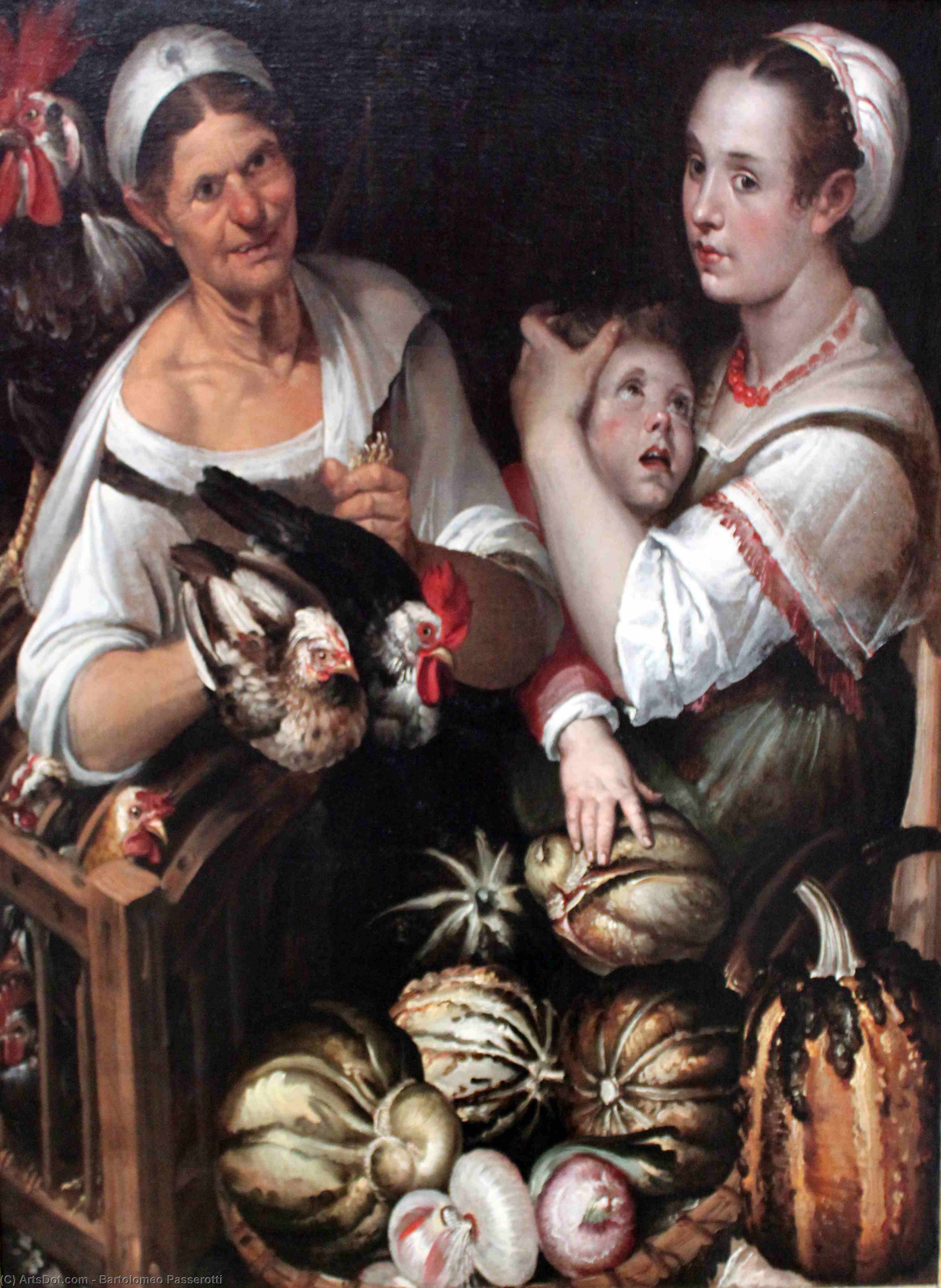 Wikioo.org - The Encyclopedia of Fine Arts - Painting, Artwork by Bartolomeo Passarotti - Two market women and a boy with chicken and vegetables
