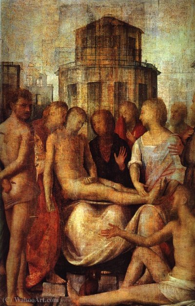 Wikioo.org - The Encyclopedia of Fine Arts - Painting, Artwork by Bartolomeo Suardi (Bramantino) - Pietà with St Sebastian and St Roch