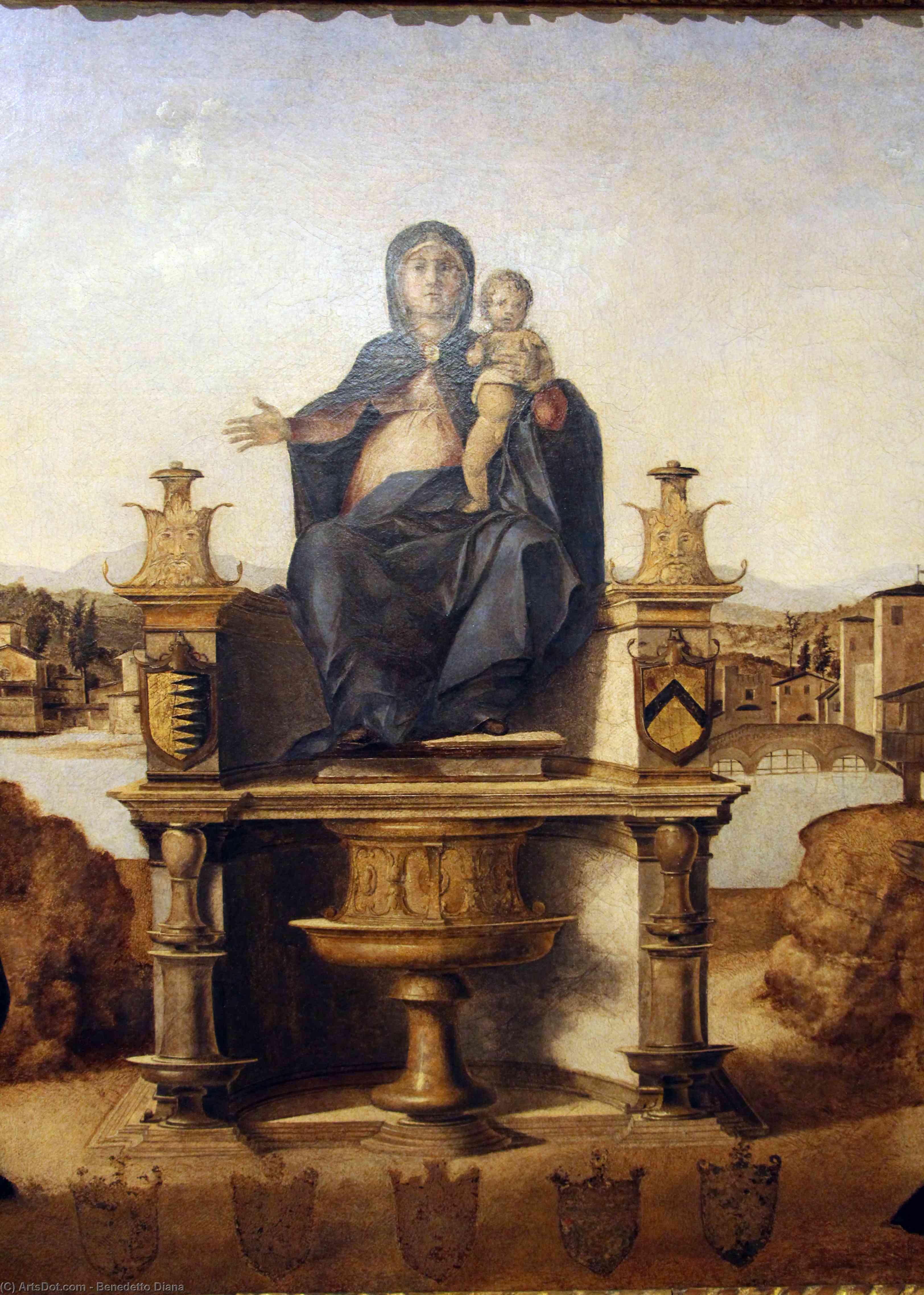 Wikioo.org - The Encyclopedia of Fine Arts - Painting, Artwork by Benedetto Diana - Madonna and Child Enthroned with St. Jerome, St. Francis of Assisi and donors