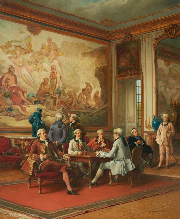 Wikioo.org – La Enciclopedia de las Bellas Artes - Pintura, Obras de arte de Benjamin Eugene Fichel - Interior rococó con hombres que juegan al ajedrez