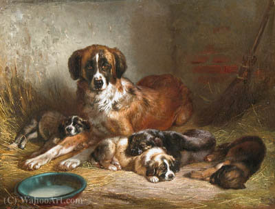 Wikioo.org - The Encyclopedia of Fine Arts - Painting, Artwork by Benno Raffael Adam - Bernese Mountain Dog and Her Pups