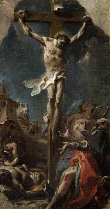 Wikioo.org – La Enciclopedia de las Bellas Artes - Pintura, Obras de arte de Carlo Innocenzo Carlone - La Crucifixión con San Roque y San Sebastián