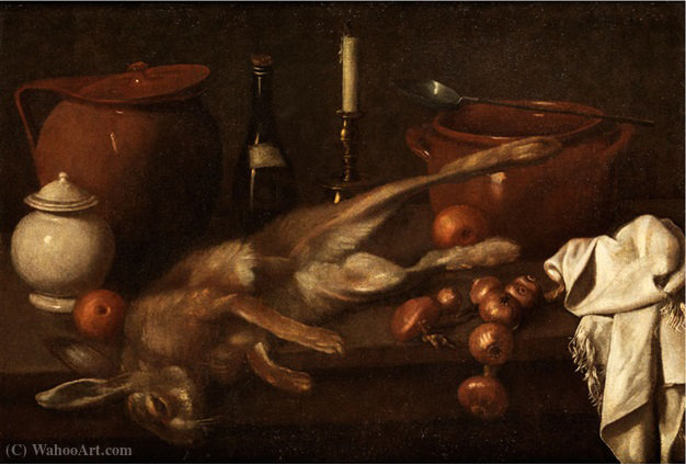 Wikioo.org - The Encyclopedia of Fine Arts - Painting, Artwork by Carlo Magini - BIG Still life with hare, ONIONS AND DISHES