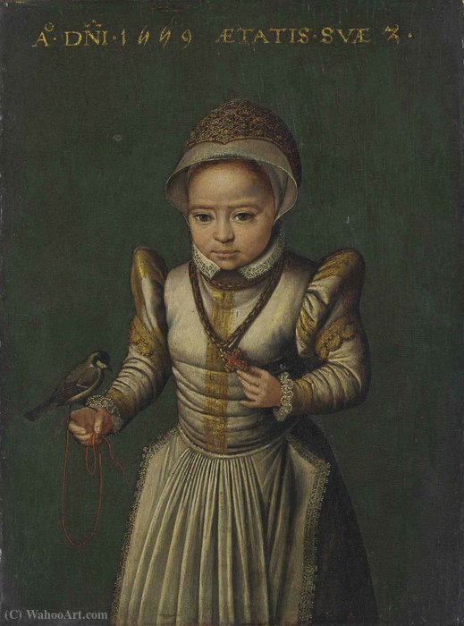 Wikioo.org - The Encyclopedia of Fine Arts - Painting, Artwork by Catharina Van Hemessen - Portrait of a child in a white embroidered dress holding a Great Tit.