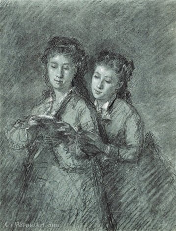 Wikioo.org - The Encyclopedia of Fine Arts - Painting, Artwork by Celestin Francois Nanteuil - Double portrait of two sisters at the common reading