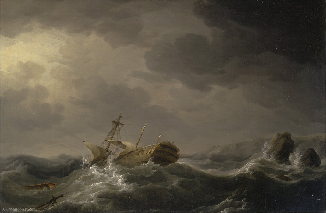Wikioo.org - The Encyclopedia of Fine Arts - Painting, Artwork by Charles Brooking - Ship wrecked on a rocky coast