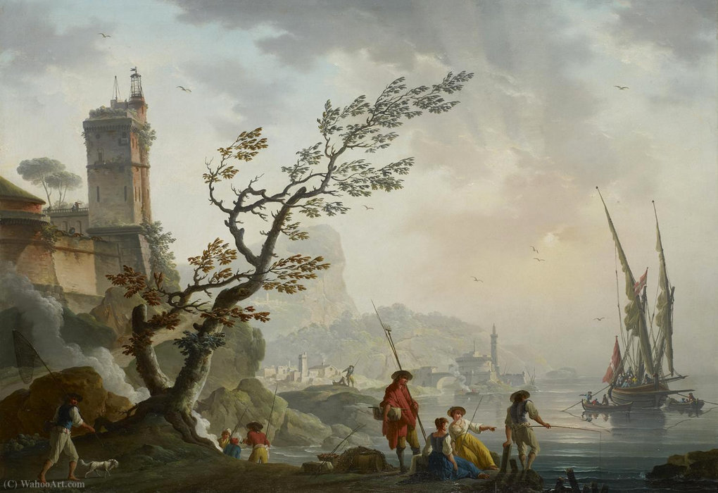 WikiOO.org - Εγκυκλοπαίδεια Καλών Τεχνών - Ζωγραφική, έργα τέχνης Charles François Grenier De Lacroix - Fishermen at dusk
