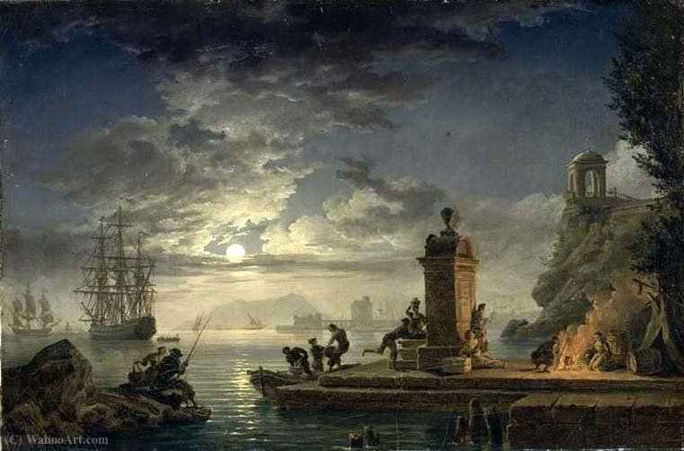 WikiOO.org - Encyclopedia of Fine Arts - Maľba, Artwork Charles François Grenier De Lacroix - Marine, night effect