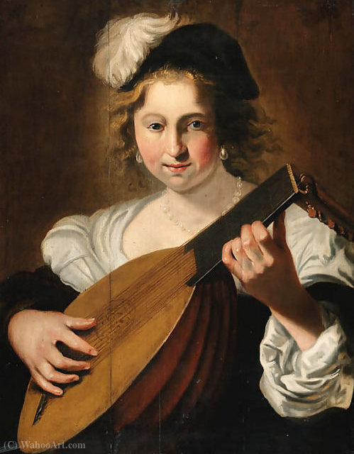 Wikioo.org - The Encyclopedia of Fine Arts - Painting, Artwork by Christiaen Van Couwenbergh - A lady playing a lute
