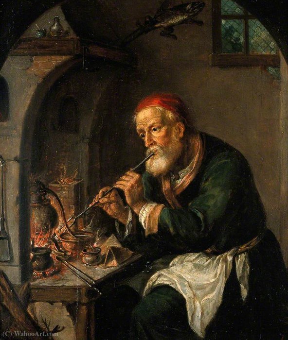 Wikioo.org - The Encyclopedia of Fine Arts - Painting, Artwork by Christian Wilhelm Ernst Dietrich Dietrich - An Alchemist Blowing on a Fire to Heat a Still