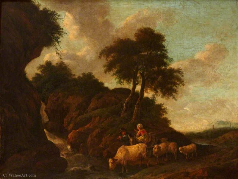 Wikioo.org - The Encyclopedia of Fine Arts - Painting, Artwork by Christian Wilhelm Ernst Dietrich Dietrich - Landscape with a Waterfall, Peasants and Animals