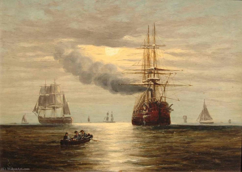 Wikioo.org - สารานุกรมวิจิตรศิลป์ - จิตรกรรม Claude Thomas Stanfield Moore - Steam-powered sailing ship and other craft by moonlight by Claude Thomas Stanfield Moore