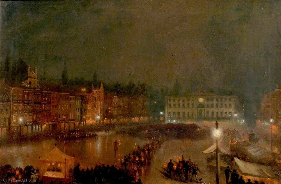 Wikioo.org - The Encyclopedia of Fine Arts - Painting, Artwork by Claude Thomas Stanfield Moore - Torchlight Tattoo of Robin Hood Rifles, Nottingham Market Place, (1896)