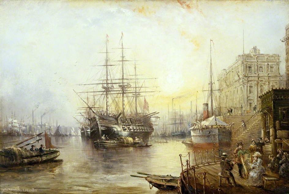 Wikioo.org - The Encyclopedia of Fine Arts - Painting, Artwork by Claude Thomas Stanfield Moore - View of Greenwich in Showing the Training Ship HMS 'Warspite' (1877)