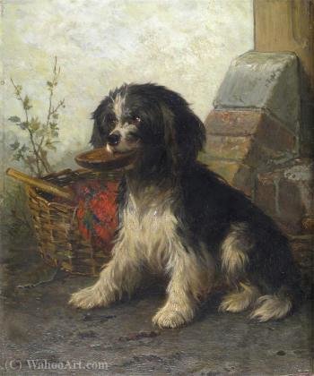 WikiOO.org - Encyclopedia of Fine Arts - Schilderen, Artwork Conradyn Cunaeus - A black and white terrier by a basket