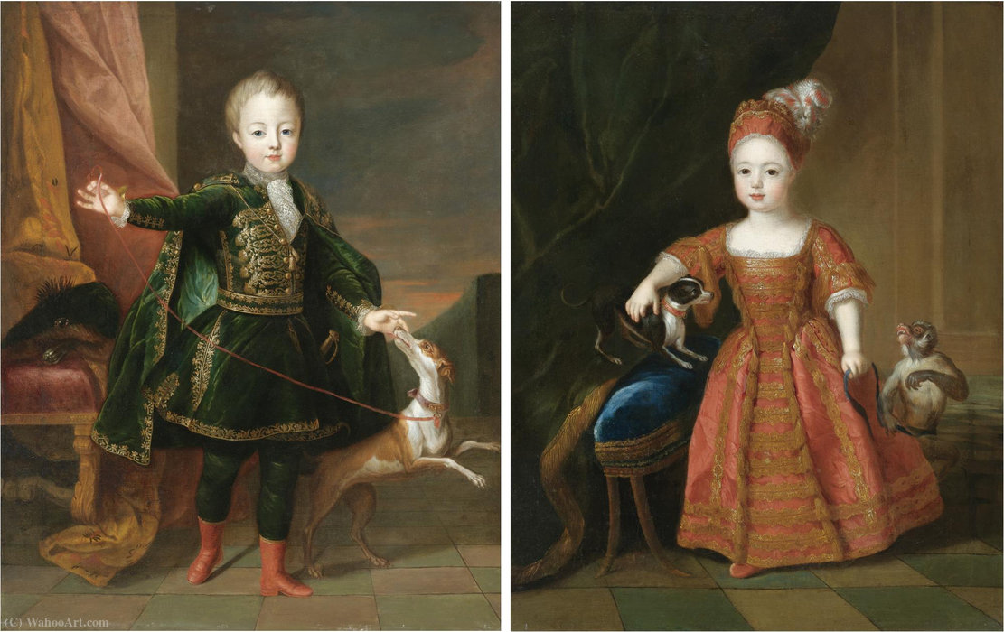 Wikioo.org - The Encyclopedia of Fine Arts - Painting, Artwork by Constantin Netscher - Portrait of a boy, said to be son of maximilian emanuel (joseph-ferdinand), elector of bavaria and portrait of a girl