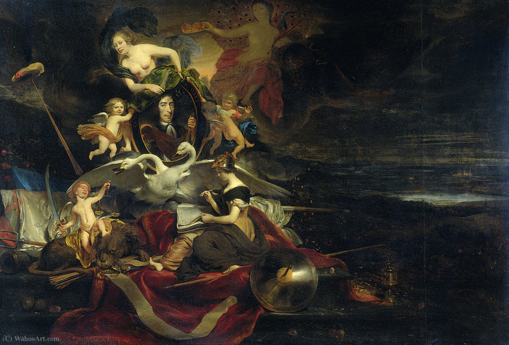 WikiOO.org - 백과 사전 - 회화, 삽화 Cornelis Bisschop - Allegory on the Raid on Chatham , with a Portrait of Cornelis de Witt.