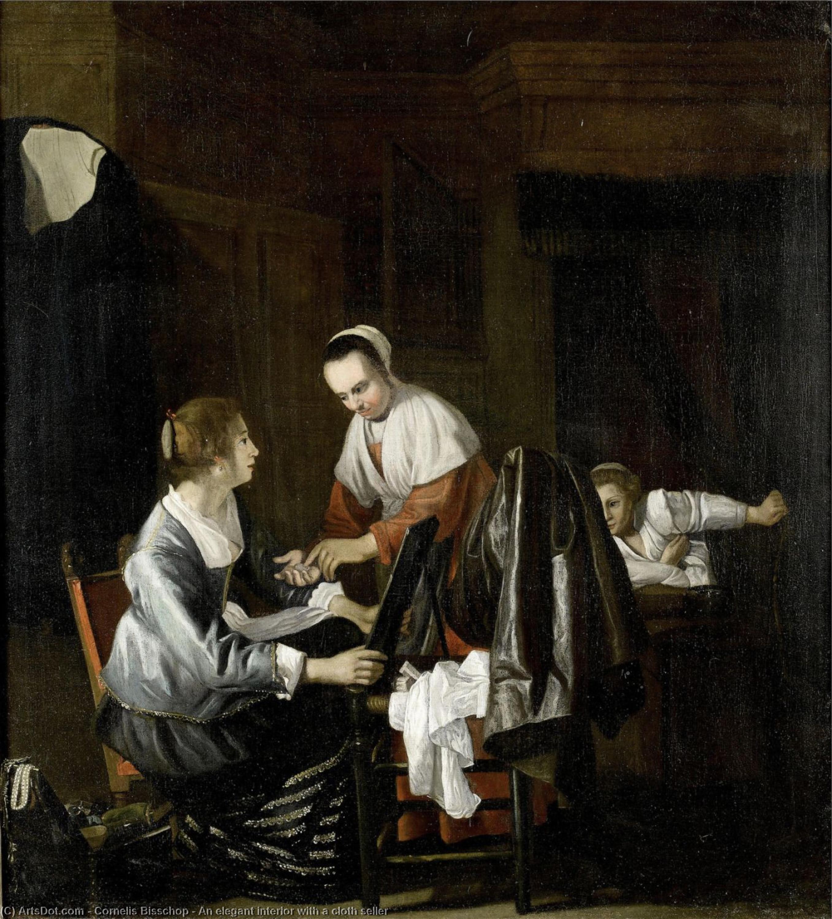 Wikioo.org – L'Enciclopedia delle Belle Arti - Pittura, Opere di Cornelis Bisschop - un Elegante  interni  con  Un  panno  venditore