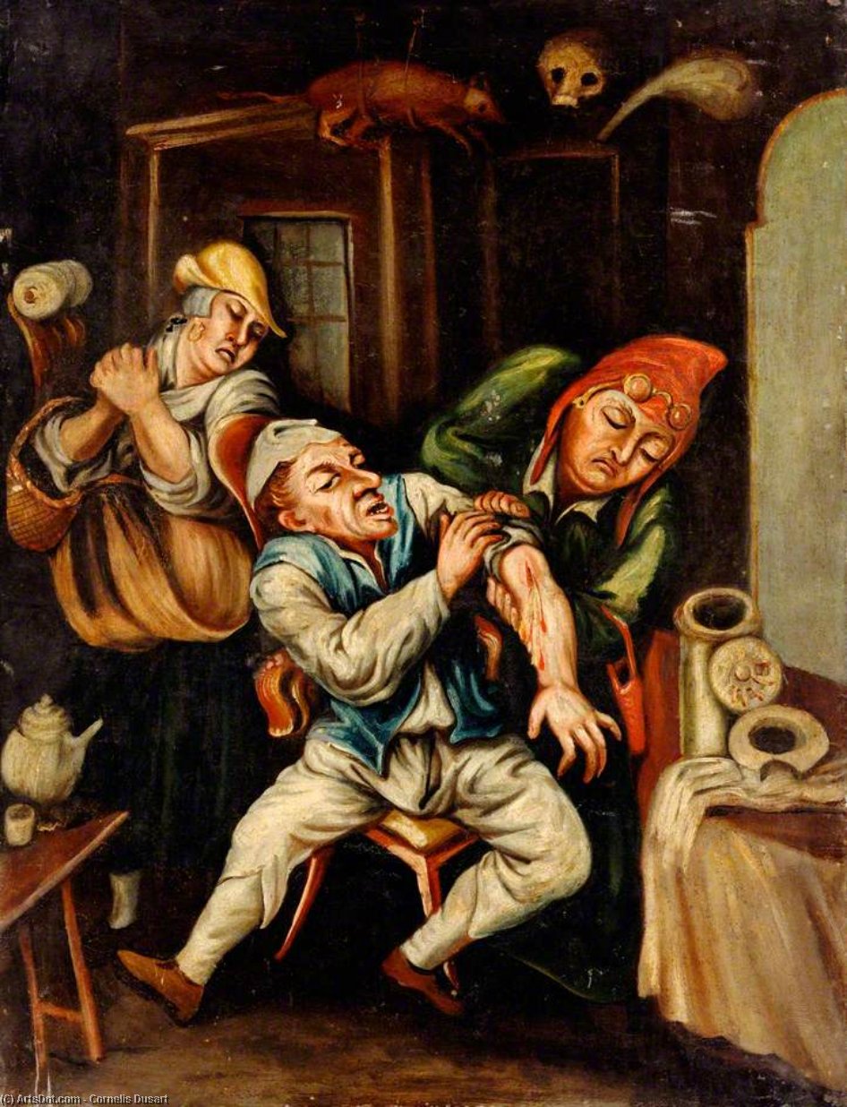 WikiOO.org - Enciklopedija dailės - Tapyba, meno kuriniai Cornelis Dusart - A Surgeon Attending to a Man's Arm
