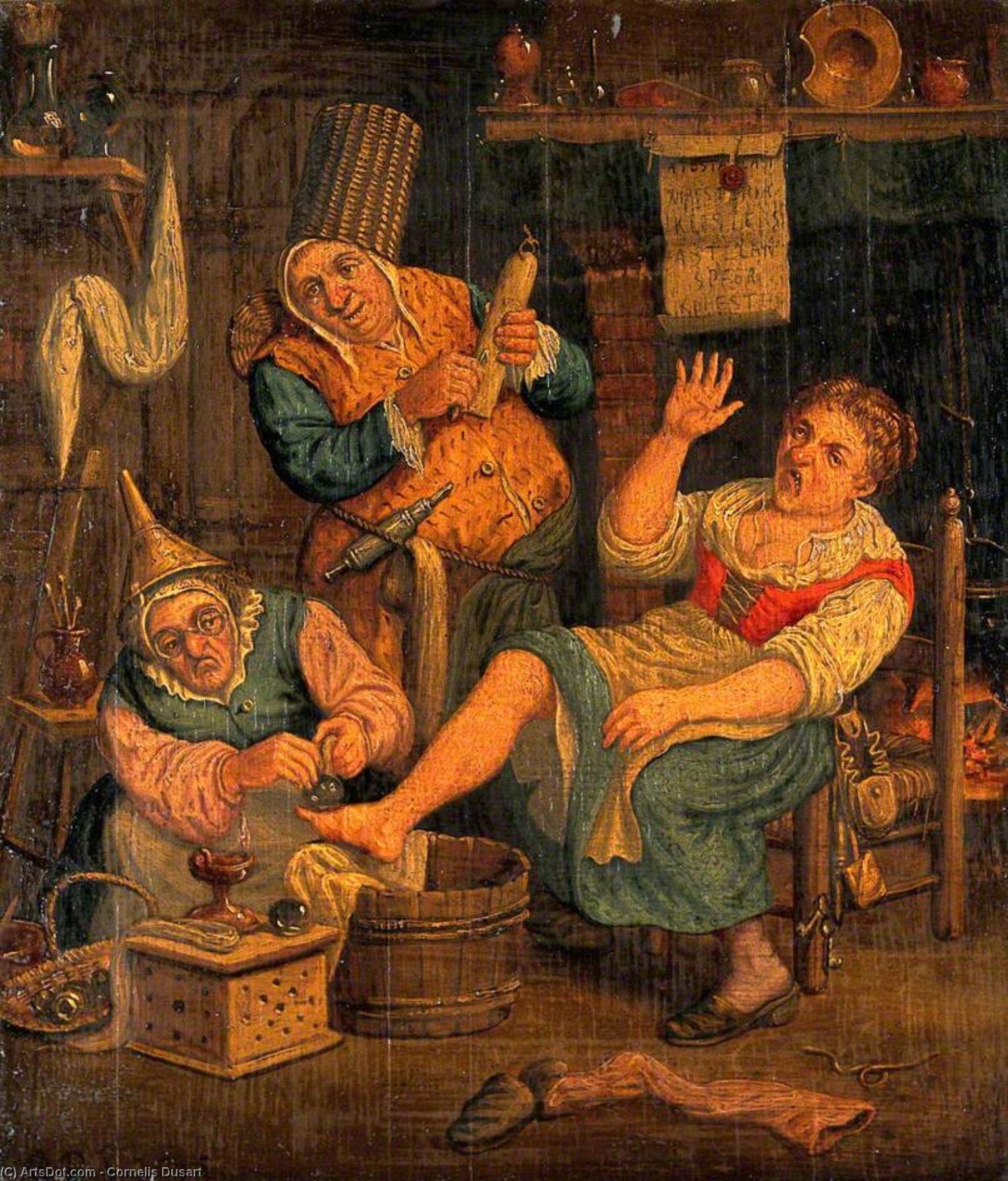 Wikioo.org – L'Encyclopédie des Beaux Arts - Peinture, Oeuvre de Cornelis Dusart - une femme Chirurgien et son Adjoint Emboutissage une Patient