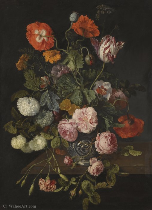 Wikioo.org - The Encyclopedia of Fine Arts - Painting, Artwork by Cornelis Kick - A still life with parrot tulips, poppies, roses, snow balls, and other flowers in a glass vase over a stone ledge